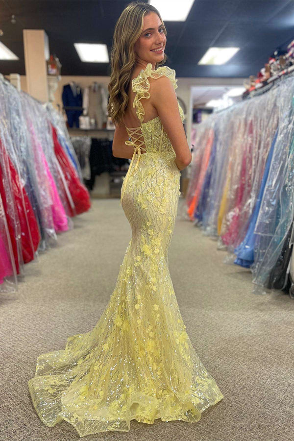 Luolandi Yellow Ruffle Straps 3D Flower Mermaid Long Prom Dress Sparkly Evening Dress